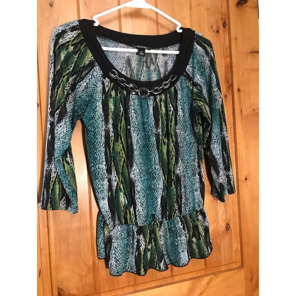 Alyx Women’s  Stretch Blouse Animal Print Small Attached Accessory Black Green